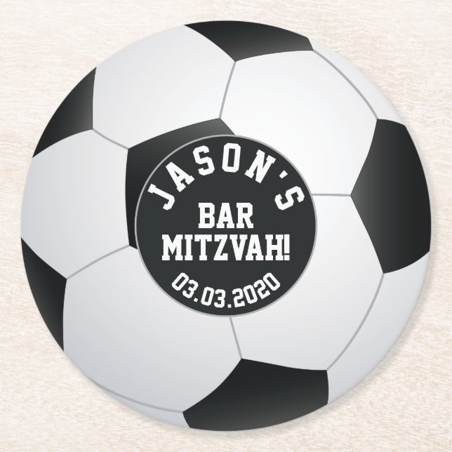 Personalised Soccer Bar Mitzvah Black White Round Paper Coaster (Front)