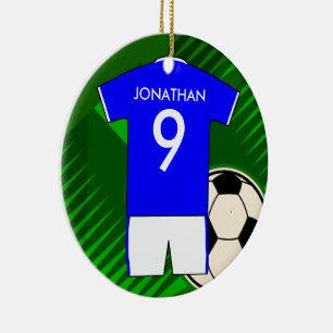 Personalised Soccer Jersey Blue and White Ceramic Tree Decoration