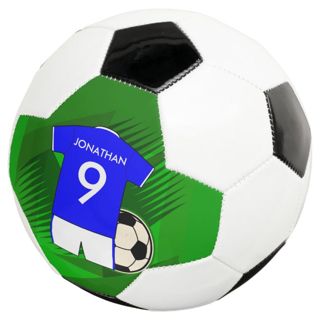 Personalised Soccer Jersey Blue and White Soccer Ball (Three Quarter)