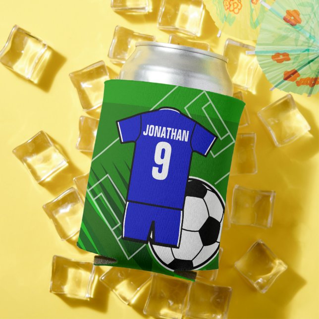 Personalised Soccer Jersey Blue with White Can Cooler (In Situ Summer)