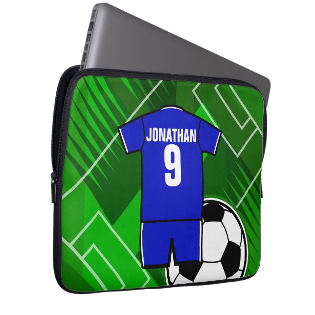 Personalised Soccer Jersey Blue with White Laptop Sleeve (Front Right)