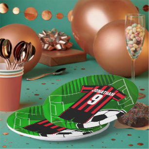 Personalised Soccer Jersey Red and Black Stripes Paper Plate