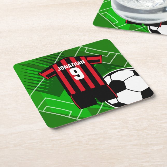Personalised Soccer Jersey Red and Black Stripes Square Paper Coaster (Angled)