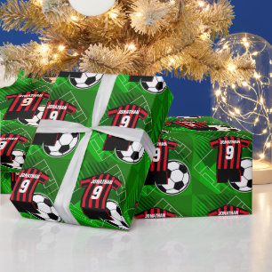 Personalised Soccer Jersey Red and Black Stripes Wrapping Paper