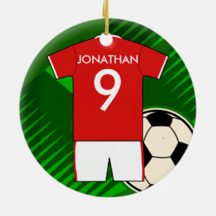 Personalised Soccer Jersey Red and White Ceramic Tree Decoration
