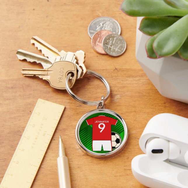 Personalised Soccer Jersey Red and White Key Ring (Desk)