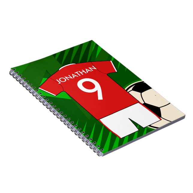 Personalised Soccer Jersey Red and White Notebook (Right Side)