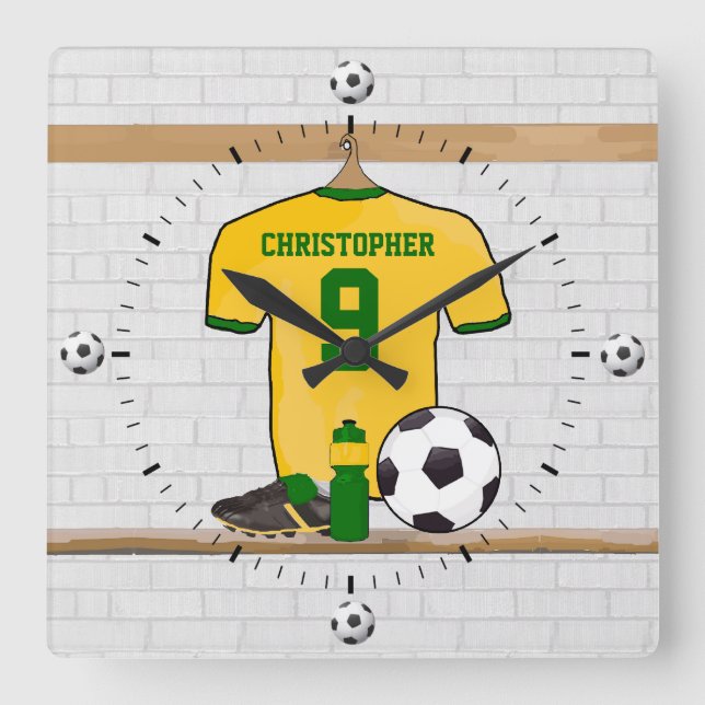 Personalised soccer jersey yellow green square wall clock (Front)