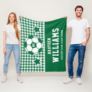 Personalised Soccer Player Name Green Plaid Fleece Blanket
