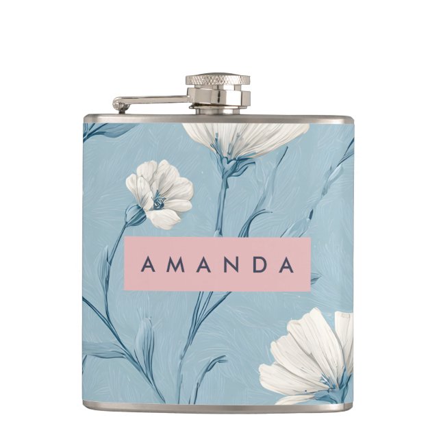 Personalised Soft Blue Wildflower Botanical Style Hip Flask (Front)