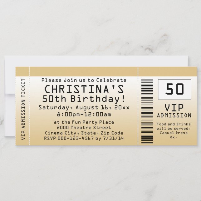 Personalised Soft Gold Custom Birthday Ticket Invitation (Front)