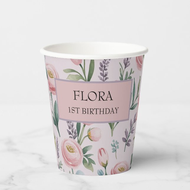 Personalised Soft Pastel Floral Roses & Tulips Paper Cups (Front)