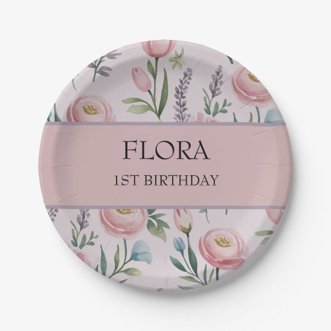 Personalised Soft Pastel Floral Roses & Tulips Paper Plate (Front)