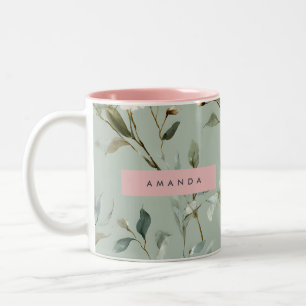 Personalised Soft Pastel Green Flower Design Two-Tone Coffee Mug