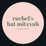 Personalised Soft Pink Green Modern Bat Mitzvah Classic Round Sticker<br><div class="desc">Celebrate this special milestone with a personalised Bat Mitzvah sticker featuring a soft blush pink background and modern typography. Perfect for sealing envelopes,  decorating party favours,  or enhancing event décor,  this stylish sticker adds a custom touch to the celebration. A chic and elegant detail for a memorable occasion.</div>
