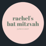 Personalised Soft Pink Green Modern Bat Mitzvah Classic Round Sticker<br><div class="desc">Celebrate this special milestone with a personalised Bat Mitzvah sticker featuring a soft blush pink background and modern typography. Perfect for sealing envelopes,  decorating party favours,  or enhancing event décor,  this stylish sticker adds a custom touch to the celebration. A chic and elegant detail for a memorable occasion.</div>