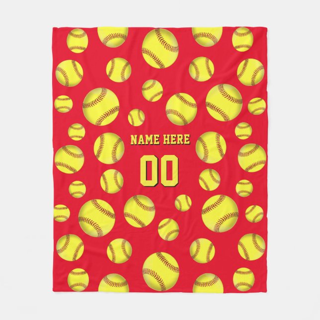 Personalised Softball Blanket, Name, Number, Fleece Blanket (Front)