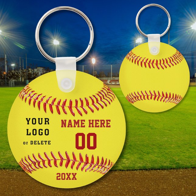 Personalised Softball Keychains Your Text and Logo (Softball Party Favors, Personalized, Cheap softball gifts for players. Softball team gift ideas. Red)