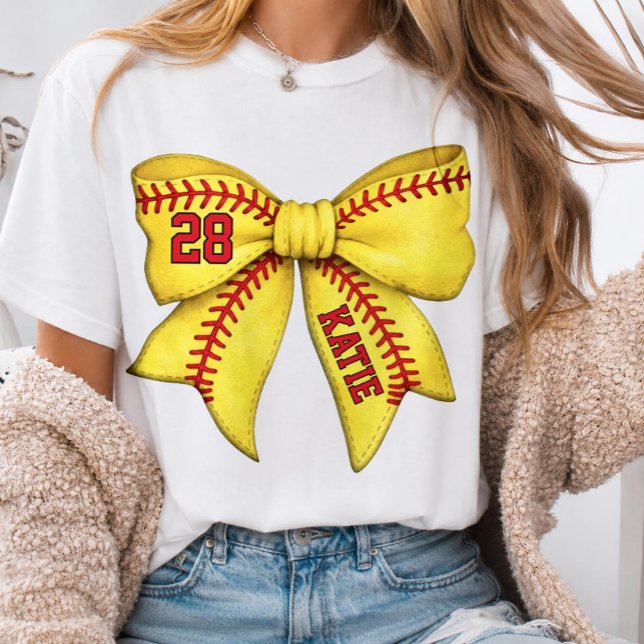 Personalised Softball Mum Bow, custom name number T-Shirt (Creator Uploaded)