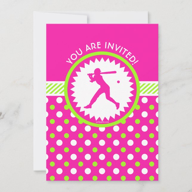 Personalised Softball Pink - Green Polka-Dots Invitation (Front)
