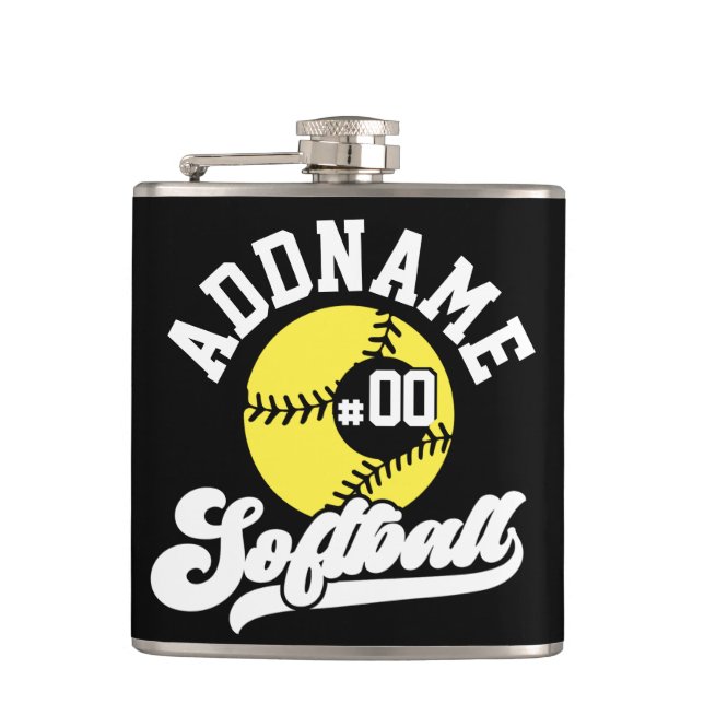 Personalised Softball Player ADD NAME Retro Team Hip Flask (Front)