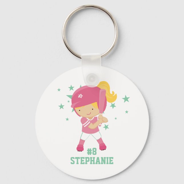 Personalised softball player and stars keychain (Front)