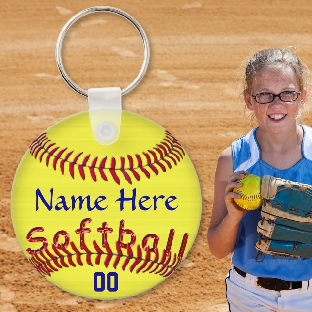 Personalised Softball Team Gift Ideas, NAME NUMBER Key Ring (Personalized softball gifts for players. Softball party favors or cheap softball gift ideas. Blue)