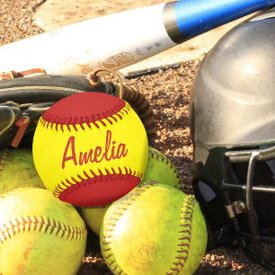 Personalised Softball with Name Yellow Red