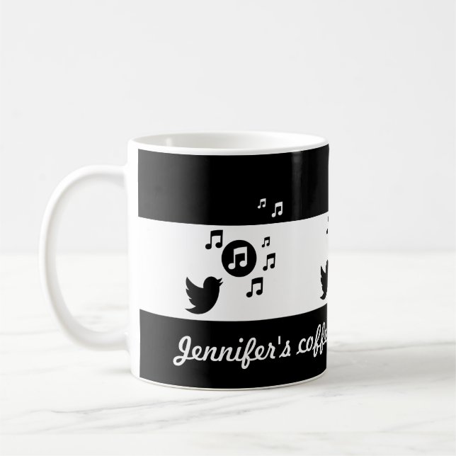 Personalised Songbird Black and White Coffee Mug (Left)