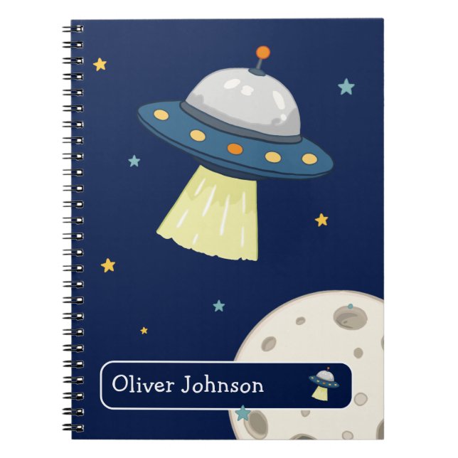 Personalised Space UFO Moon Name School Notebook (Front)