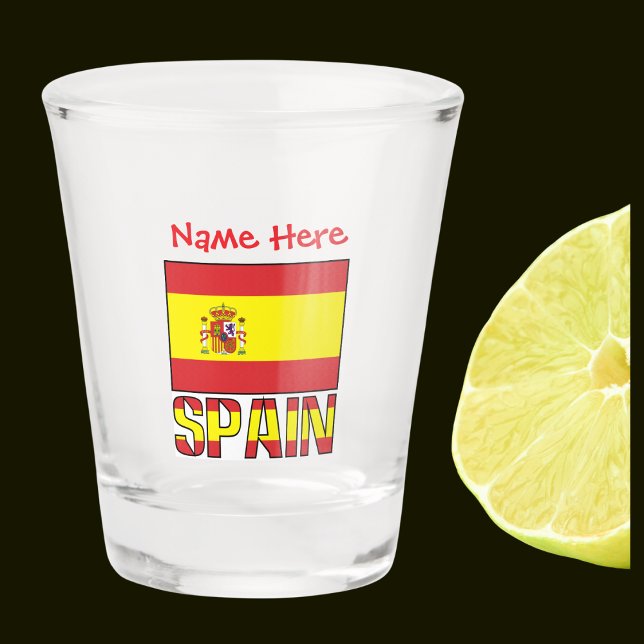 Personalised Spain Flag Heritage Gift Shot Glass (Spanish Flag on shot glass with word SPAIN below in flag colors. Add name in red text above.)