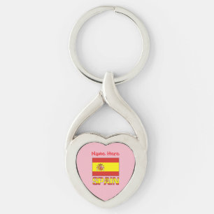 Personalised Spain Flag Heritage Pink Heart Key Ring