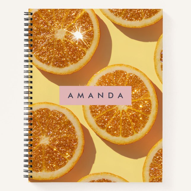 Personalised Sparkle Citrus Glitter Orange Notebook (Front)