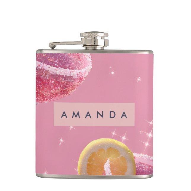 Personalised Sparkle Glam Pink Cocktail  Hip Flask (Front)