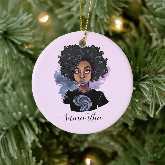 Personalised Sparkling African American Woman Ceramic Ornament (Tree)