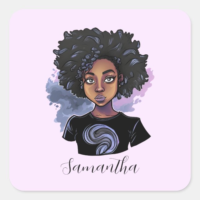 Personalised Sparkling African American Woman Square Sticker (Front)