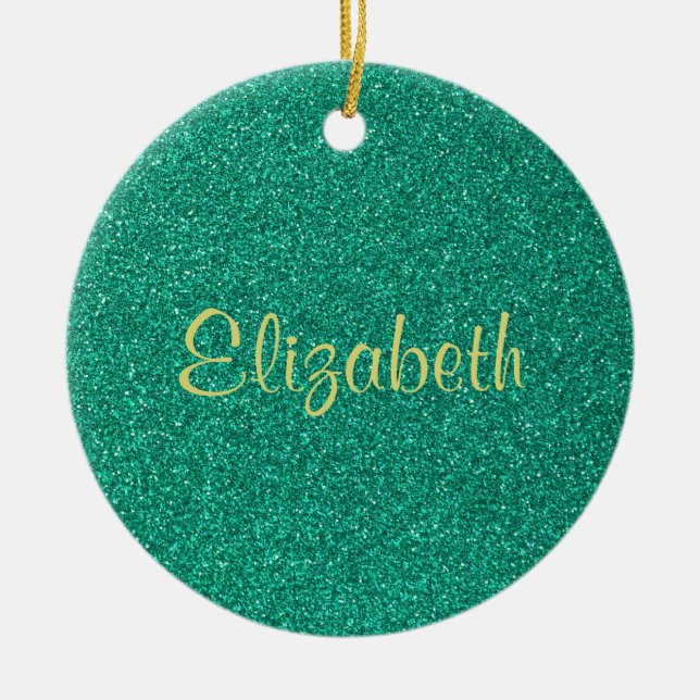 Personalised Sparkling Green Glitter Texture Ceramic Tree Decoration (Front)