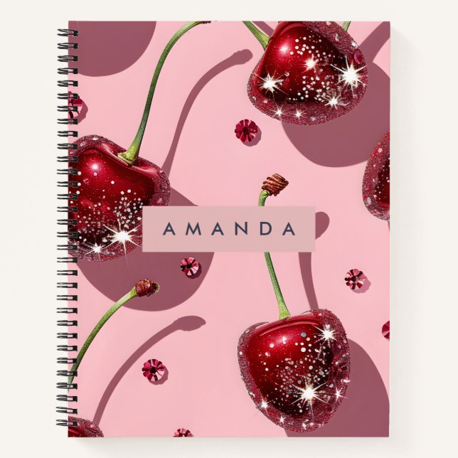 Personalised Sparkling Red Cherry Glam  Notebook (Front)