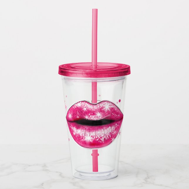 Personalised Sparkly Pink Love Lips Acrylic Tumble Tumbler (Front)