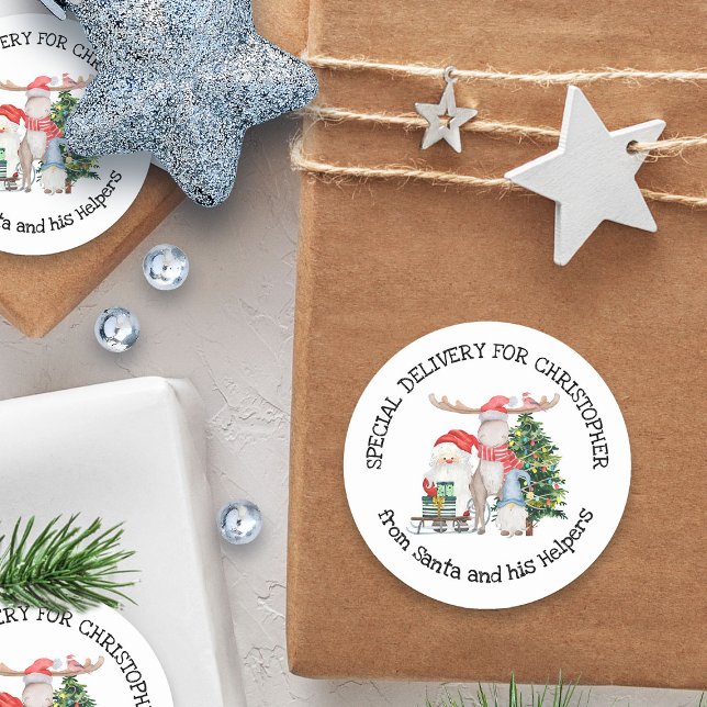 Personalised Special Delivery from Santa & Helpers Classic Round Sticker (Special delivery from Santa sticker - personalized with child's name)