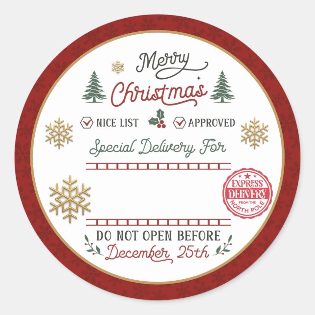 Personalised Special Delivery North Pole Santa Classic Round Sticker (Front)