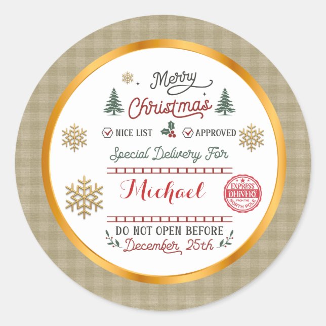 Personalised Special Delivery North Pole Santa Classic Round Sticker (Front)