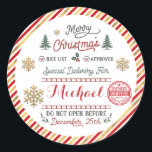 Personalised Special Delivery North Pole Santa Classic Round Sticker<br><div class="desc">Personalised Special Delivery North Pole Santa To give the holidays a more official feel, use Santa's Special Delivery from the North Pole. Add a special touch to your Christmas presents with our custom North Pole holiday Sticker. Our SPECIAL DELIVERY sticker is personalised with your name (or leave blank to hand...</div>