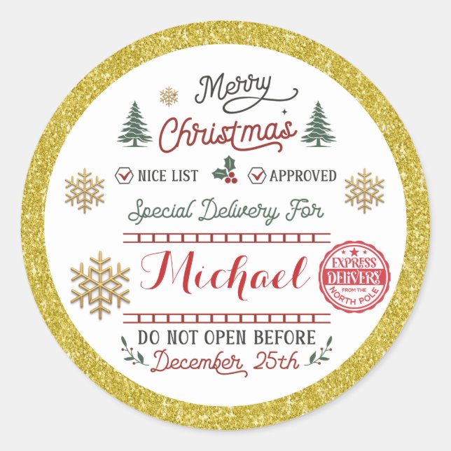 Personalised Special Delivery North Pole Santa Classic Round Sticker (Front)