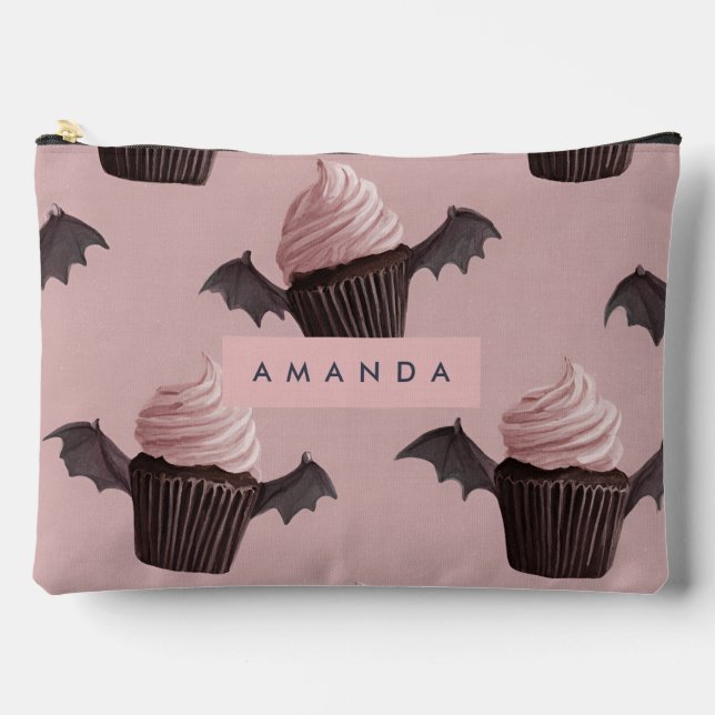Personalised Spooky Cute Bat Cupcake Pattern Accessory Pouch (Front)