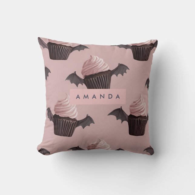 Personalised Spooky Cute Bat Cupcake Pattern Cushion (Front)