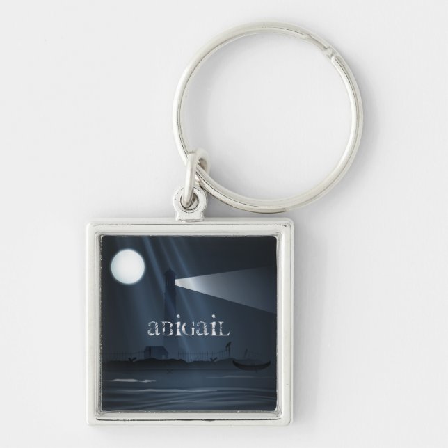 Personalised Spooky Lighthouse and Full Moon Night Key Ring (Front)