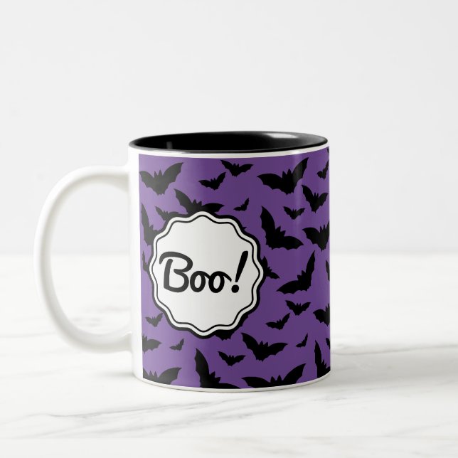 Personalised Spooky Purple Halloween Black Bats Two-Tone Coffee Mug (Left)
