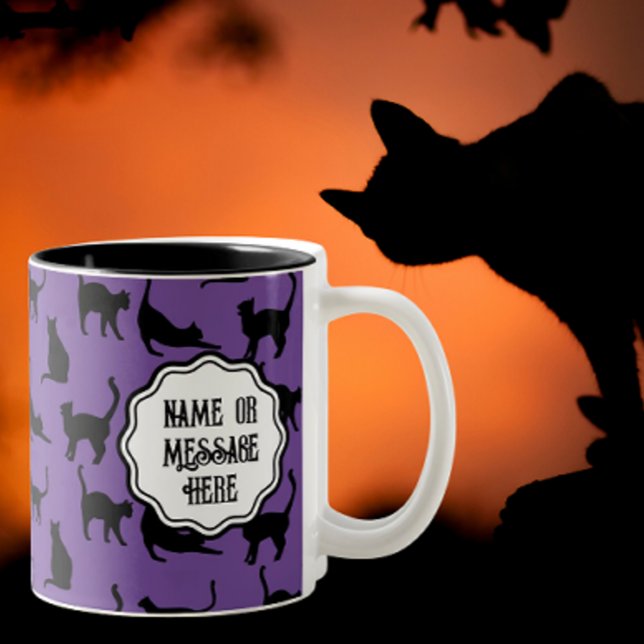 Personalised Spooky Purple Halloween Black Cats Two-Tone Coffee Mug (Personalize here!)