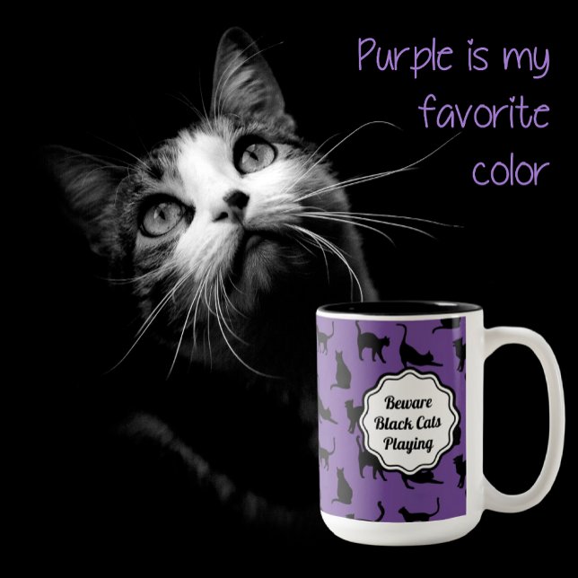 Personalised Spooky Purple Halloween Black Cats Two-Tone Coffee Mug (Be eerie, be spooky. This year's Halloween color is Purple Haze!)